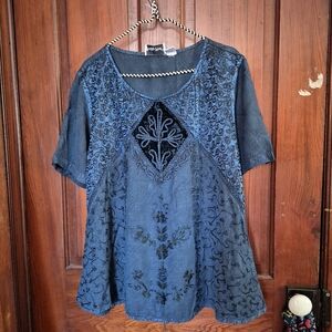 Pretty Pink Blue Top Large Boho Hippie Peasant Shirt